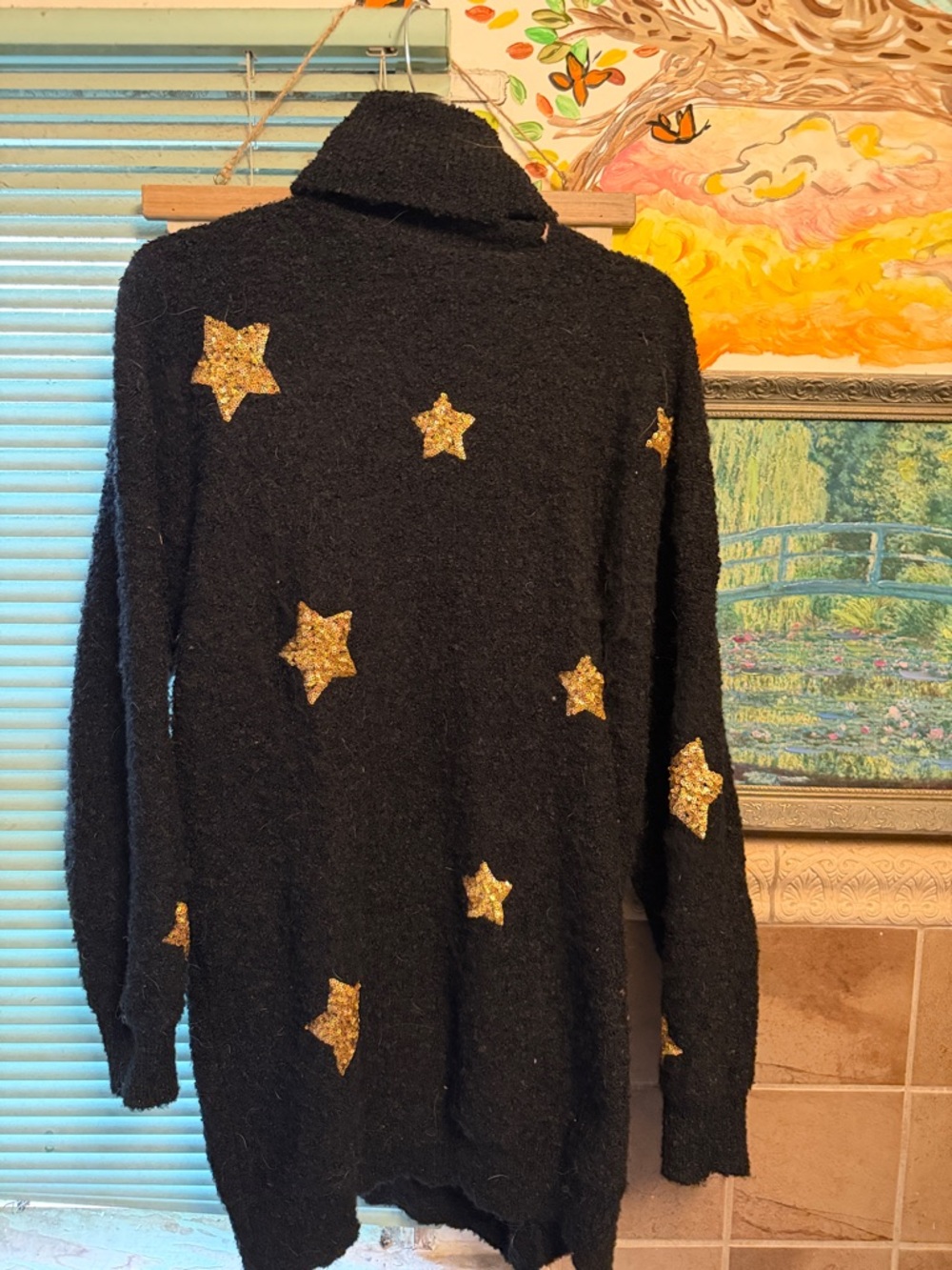 Women's Black Star Knit Sweater Dress with Gold Sequin Stars